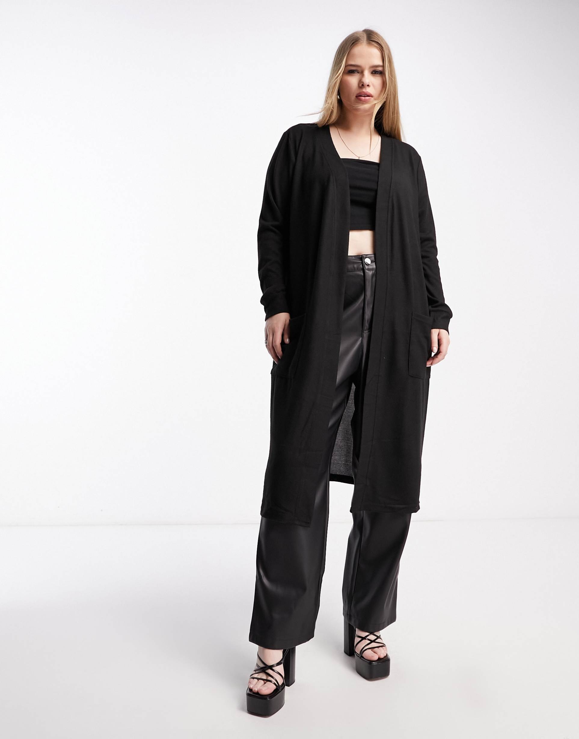 noisy may curve lightweight longline cardigan in black
