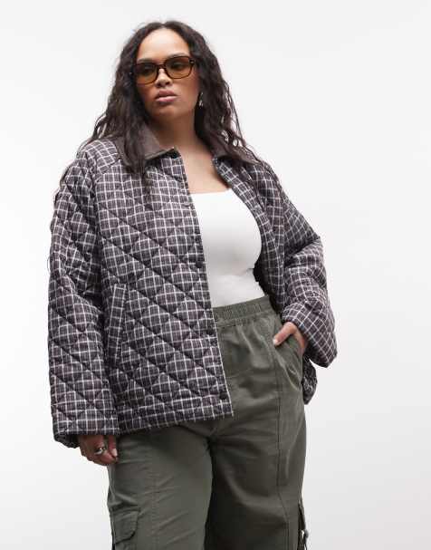 Noisy May Curve lightweight quilted jacket with cord contrast collar in brown check - view 1