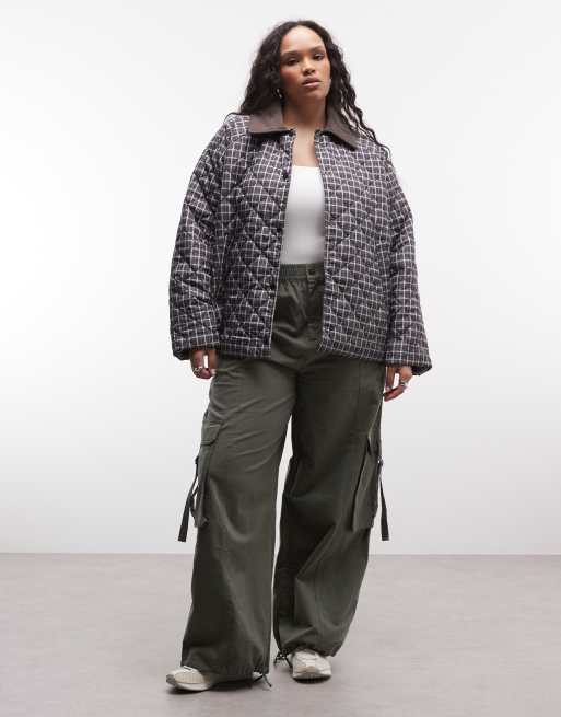 Noisy May Curve lightweight quilted jacket with cord contrast collar in brown check, 2 of 4