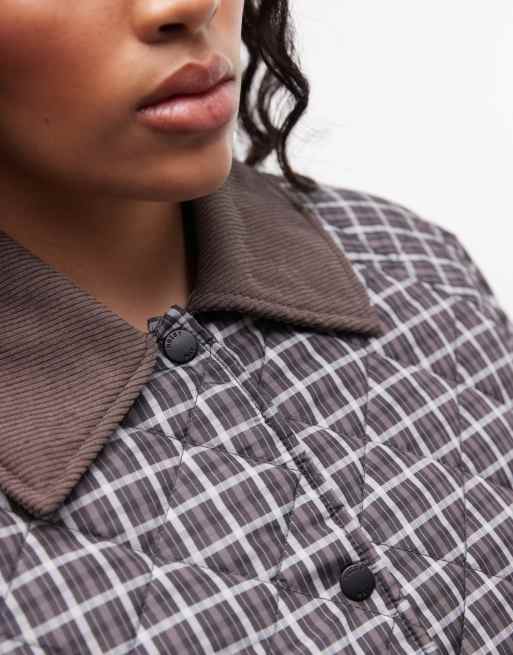 Noisy May Curve lightweight quilted jacket with cord contrast collar in brown check, 3 of 4