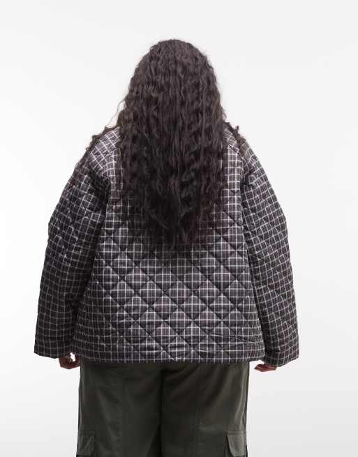 Noisy May Curve lightweight quilted jacket with cord contrast collar in brown check, 4 of 4