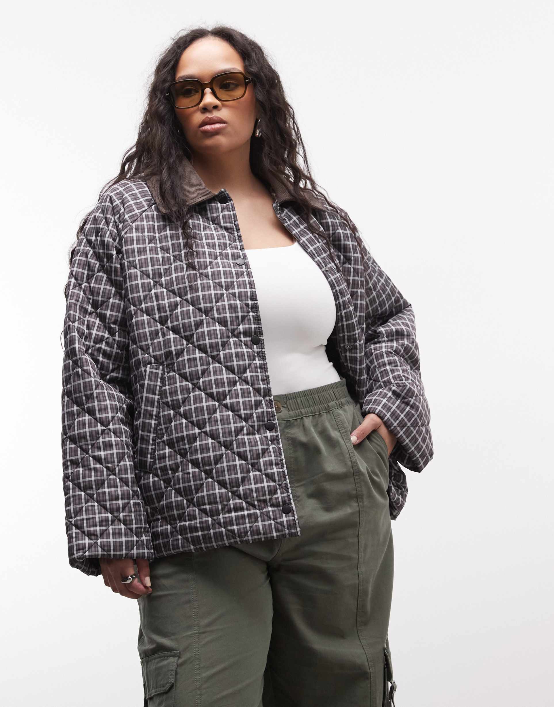 noisy may curve lightweight quilted jacket with corduroy contrast collar in brown plaid