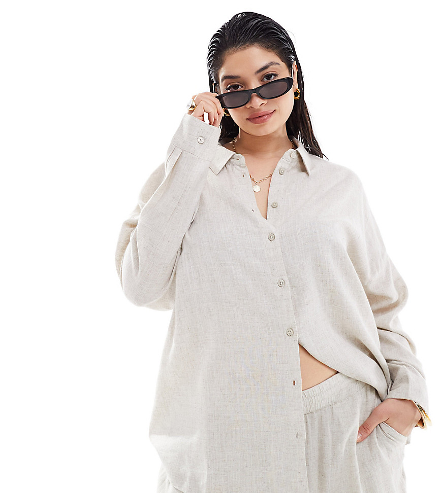 Noisy May Curve linen mix shirt co-ord in oatmeal-Brown