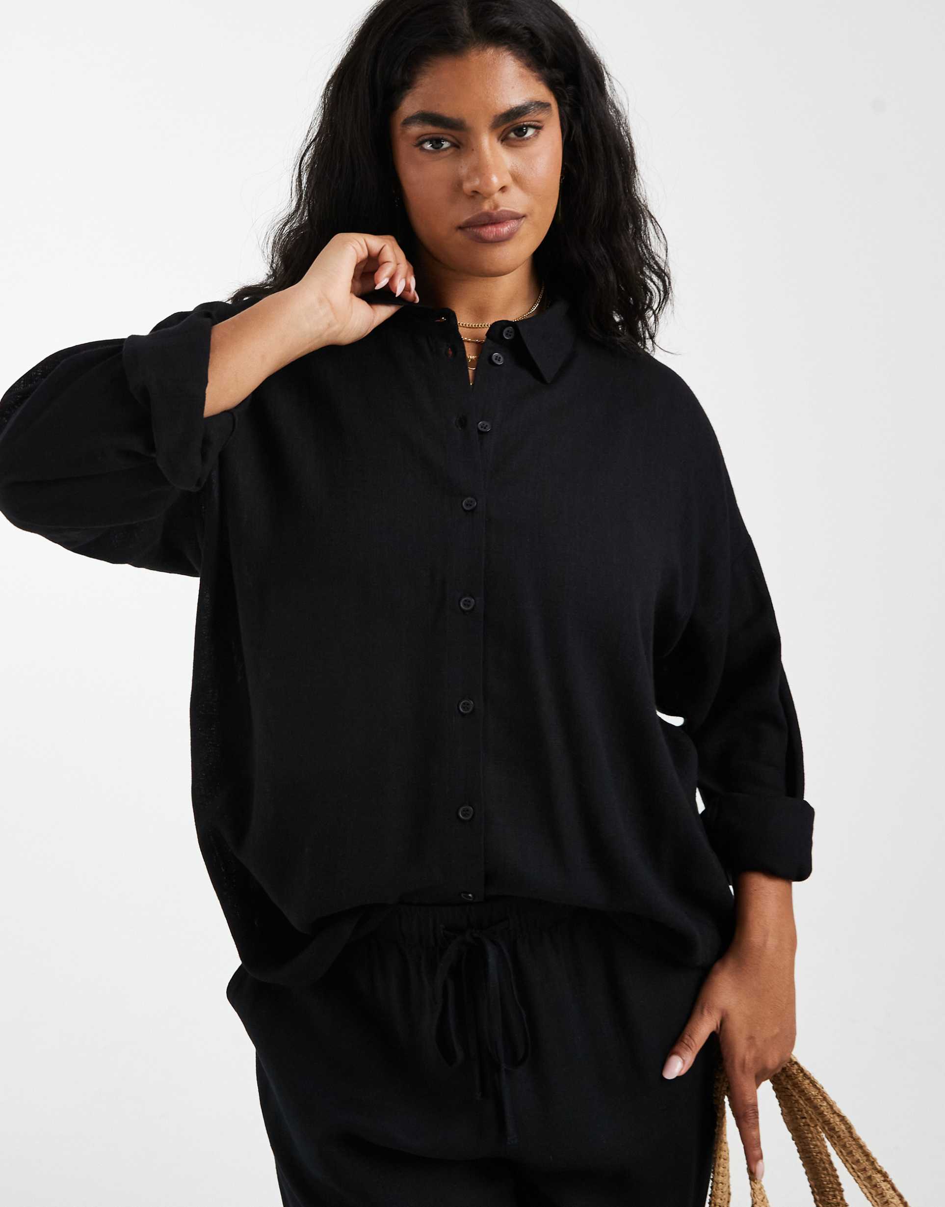 noisy may curve linen mix shirt in black