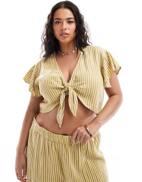 Noisy May Curve linen mix tie front top co-ord in yellow stripe  - view 1