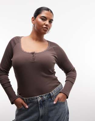 Noisy May Curve Long Sleeve Henley T-shirt With Lace Neckline In Brown