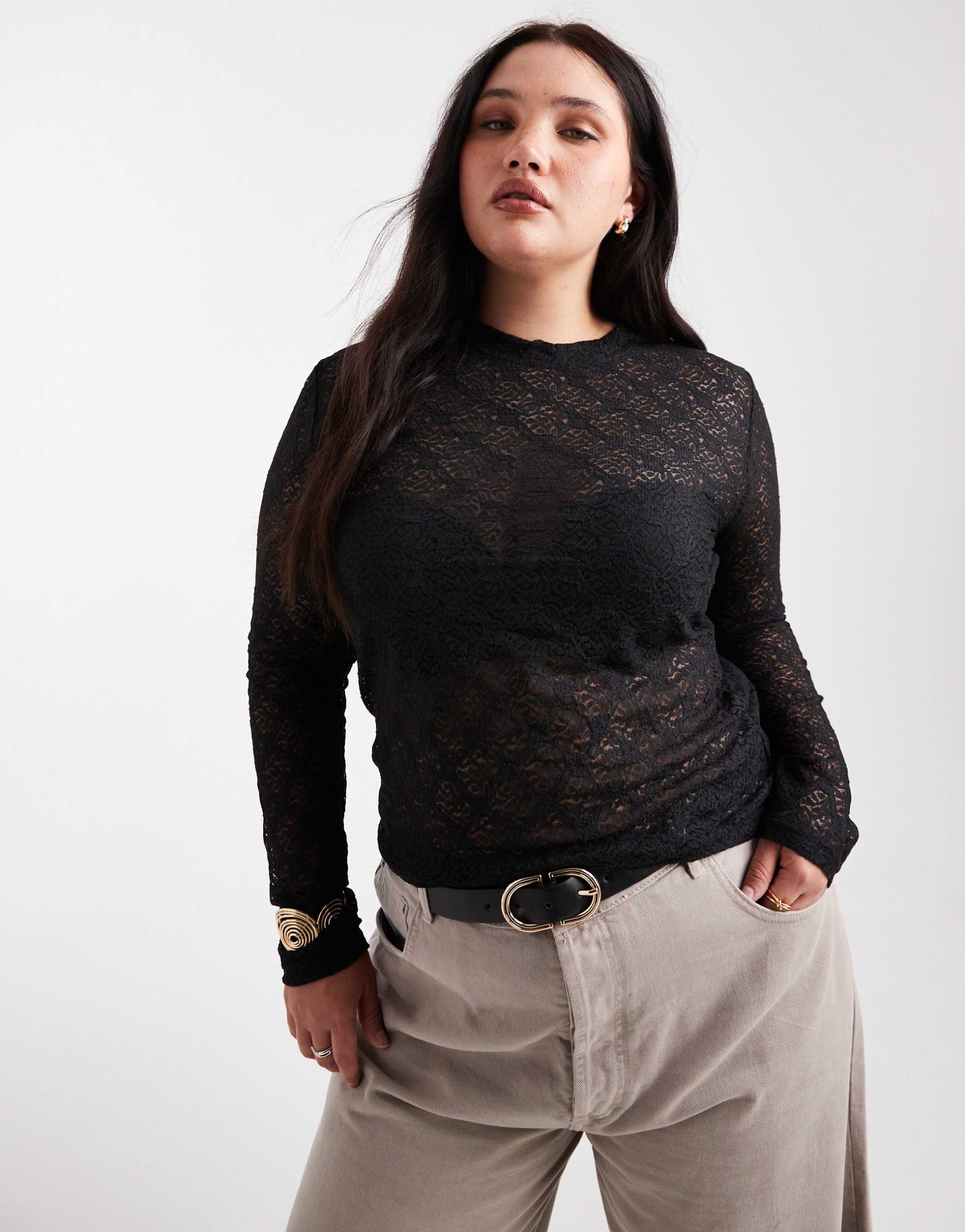 noisy may curve long sleeve lace top in black