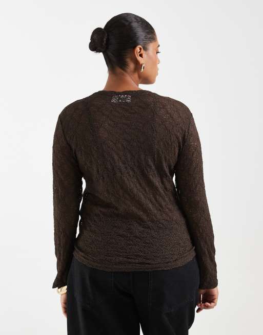 Noisy May Curve long sleeve lace top in chocolate, 4 of 4
