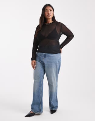 Noisy May Curve Long Sleeve Mesh Top In Black