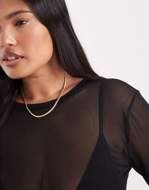 Noisy May Curve long sleeve mesh top in black, 3 of 4