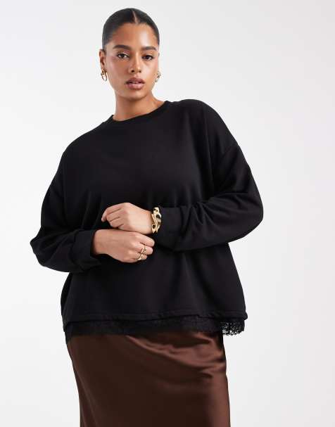 Noisy May Curve long sleeve sweat with lace hem - view 1