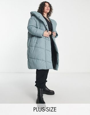 Noisy May Curve longline padded coat with hood in slate blue