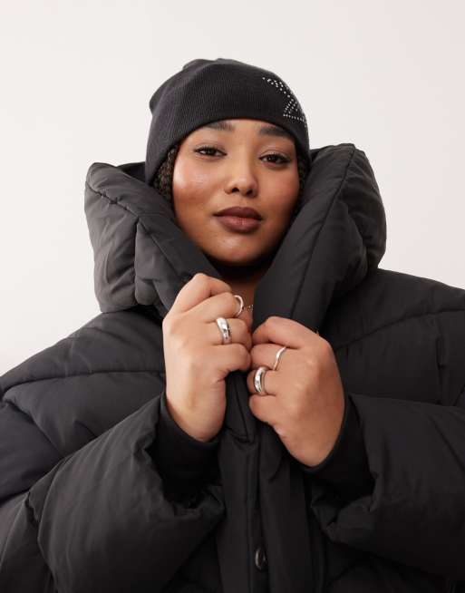 Noisy May Curve longline padded coat with oversized hood in black, 2 of 4