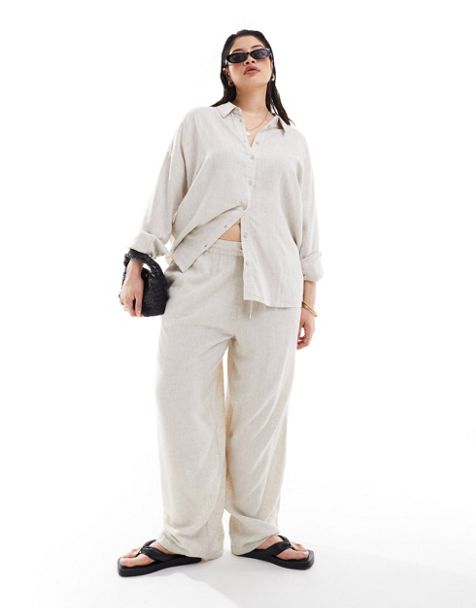 Women's Matching Co Ord Two Piece Set Linen Textured Drop Shoulder Button  Up Pocket Long Sleeve Crop Shirt With Drawstring High Waisted Baggy Wide  Leg Pants Set In LIGHT COFFEE