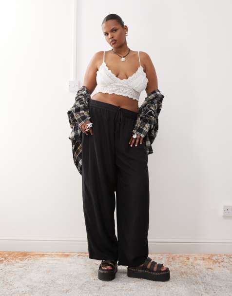 Noisy May Curve loose fit linen mix trouser in black