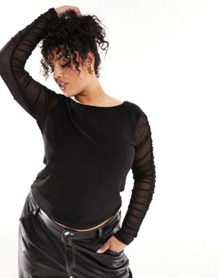 Noisy May Curve Mesh Ruched Sleeve Top In Black Glitter