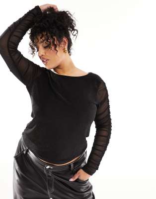 Noisy May Curve mesh ruched sleeve top in black glitter