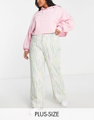 Noisy May Curve mid rise a-line printed jeans in purple and green wave print