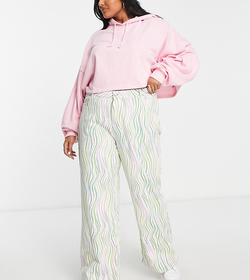 Noisy May Curve mid rise a-line printed jeans in purple and green wave print