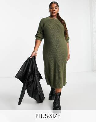 Noisy May Curve - Midi-Strickkleid in Khaki mit Seitenschlitz-Grün