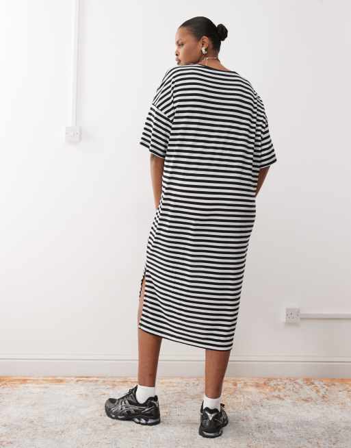 Noisy May Curve midi t shirt dress in black and white stripe