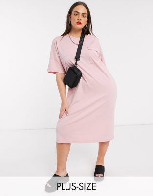 Noisy May Curve midi t-shirt dress with pocket detail in baby pink