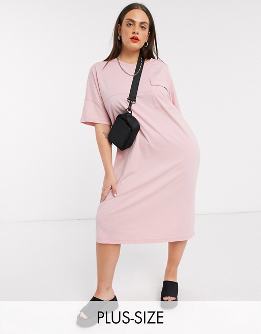 Noisy May Curve midi t-shirt dress with pocket detail in baby pink