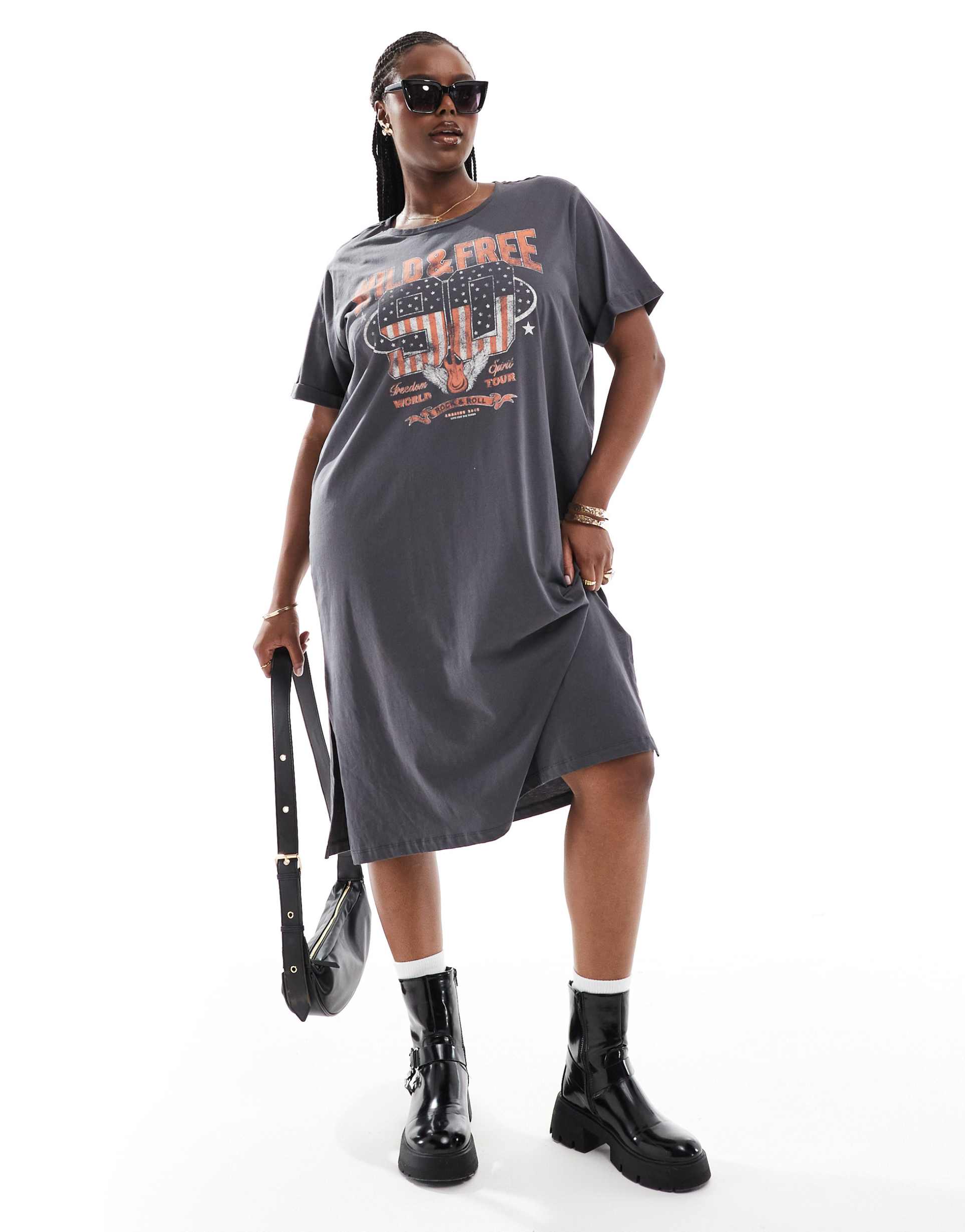 noisy may curve midi t-shirt dress with wild print in gray