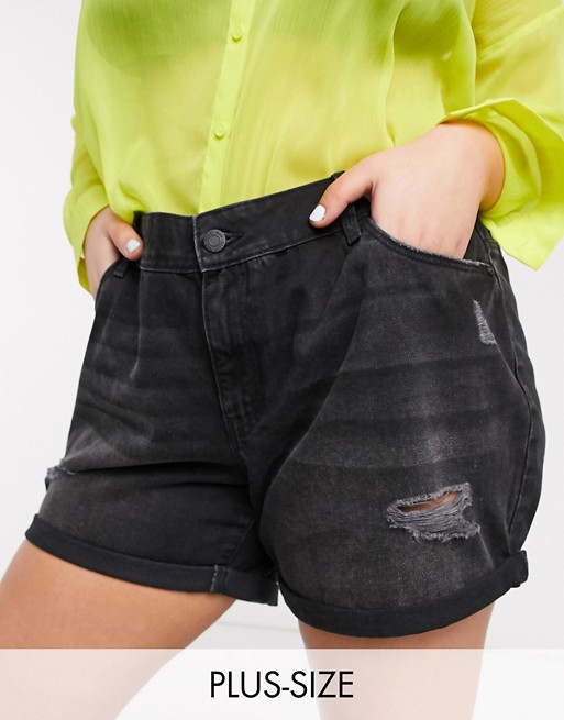 Noisy May Curve mom denim shorts with destroyed detail in black