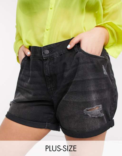 Noisy May Curve mom denim shorts with destroyed detail in black | ASOS