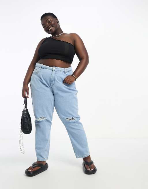 Noisy May Curve – Mom-Jeans in Hellblau mit hoher Taille und Zierrissen am Knie