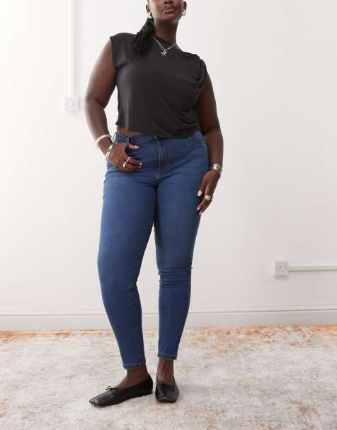 Noisy May Curve high waisted skinny jeans in mid blue wash