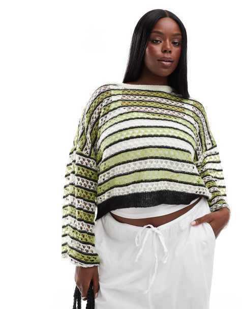 Noisy May Curve open knit cropped jumper with wide sleeves in cream & green - view 1
