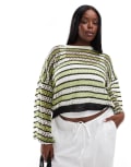 [Noisy May Curve] Noisy May Curve open knit cropped jumper with wide sleeves in cream & green-White 44 EGGNOG & GREEN
