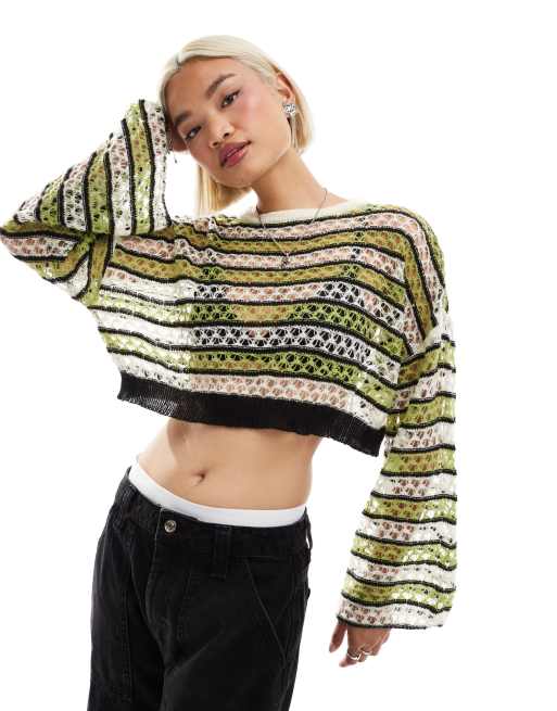 Noisy May Curve open knit cropped sweater with wide sleeves in cream & green