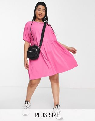Noisy May Curve cotton mini smock t-shirt dress in bright pink - BPINK