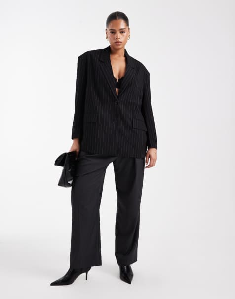 Noisy May Curve oversize blazer in black pinstripe
