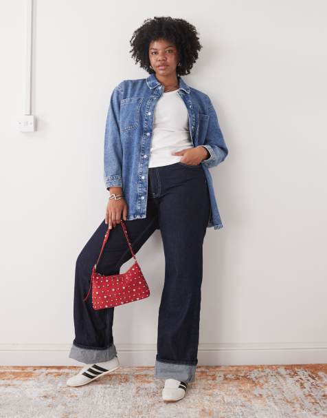 Noisy May Curve oversize denim shirt in mid wash blue - view 1