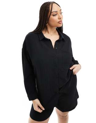 Noisy May Curve Noisy May Curve oversize shirt co-ord in ripple texture black