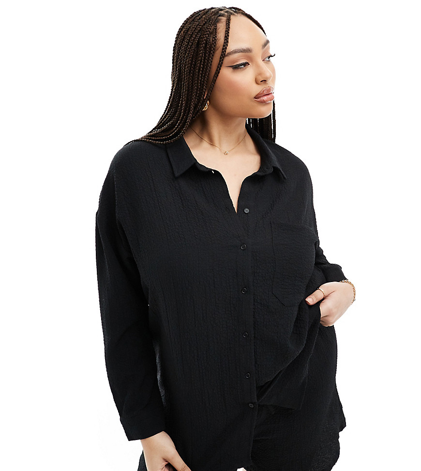 Noisy May Curve oversize shirt co-ord in ripple texture black