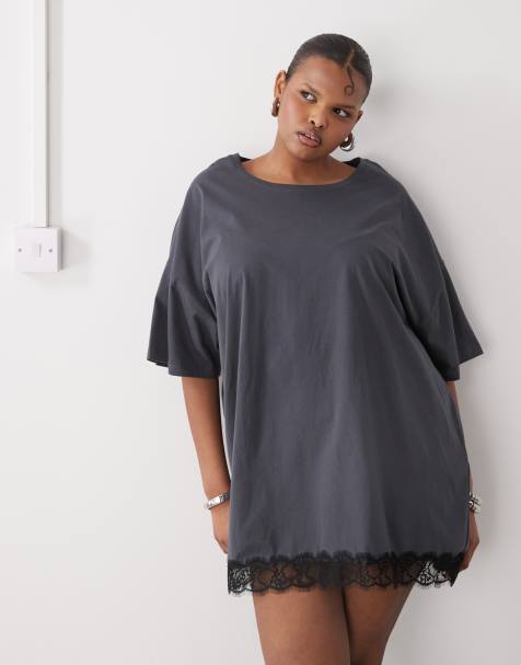 Noisy May Curve oversize t-shirt dress with lace trim in charcoal - view 1