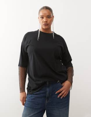 Noisy May Curve - Oversize-T-Shirt in Schwarz mit Strassärmeln