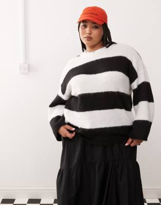 Noisy May Curve oversize texture jumper in mono stripe-Black