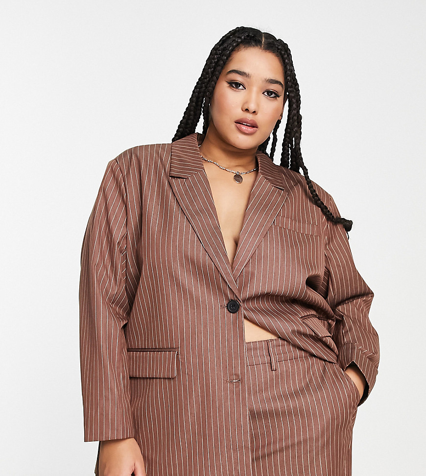 Noisy May Curve oversized blazer co-ord in tan pinstripe-Brown