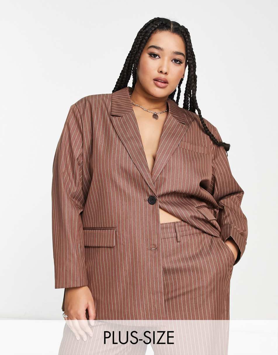 Noisy May Curve oversized blazer & trousers in tan pinstripe