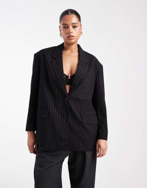 Noisy May Curve - Oversized blazer in zwart met krijtstreep, 2 van 4