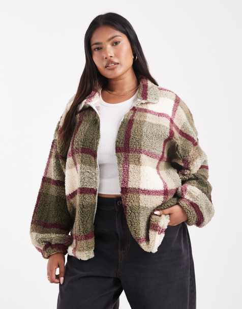 Noisy May Curve oversized check fleece in cream and khaki - view 1
