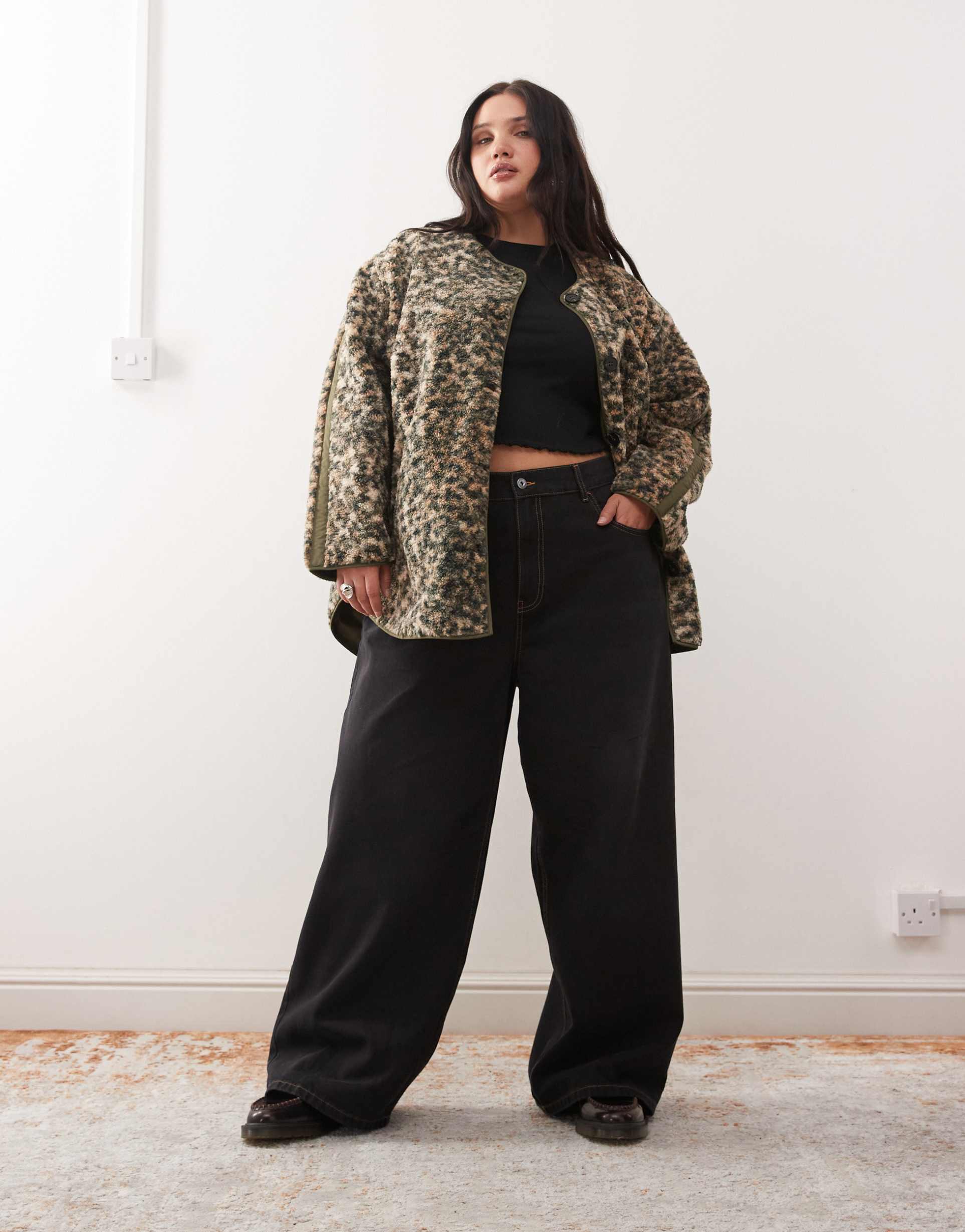 noisy may curve oversized collarless teddy jacket in leopard print