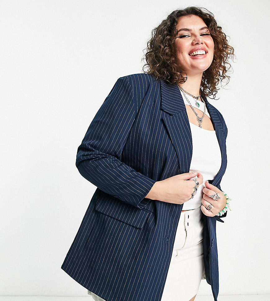 Noisy May Curve oversized dad blazer in navy pinstripe - part of a set-Gray