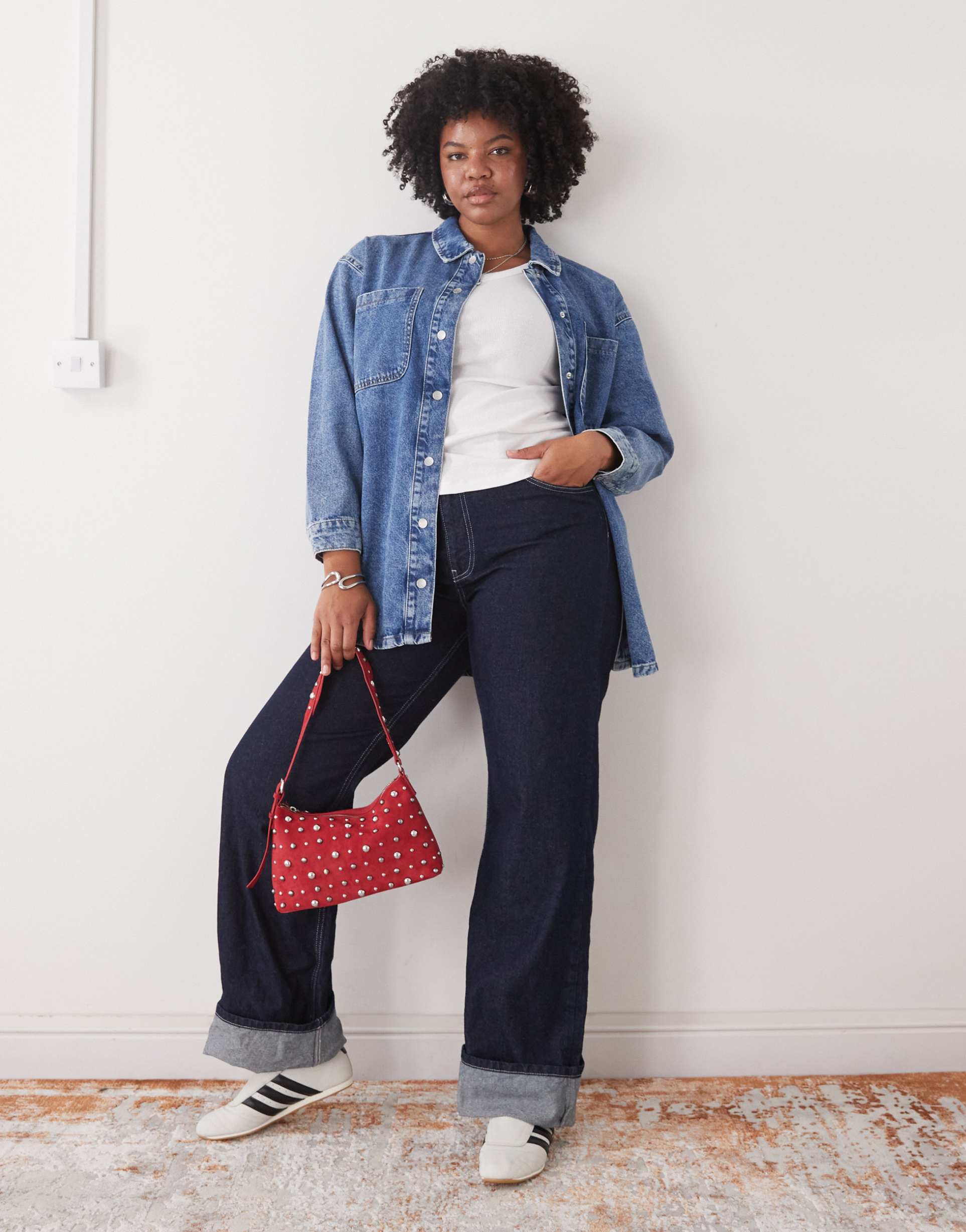 noisy may curve oversized denim shirt in mid wash blue